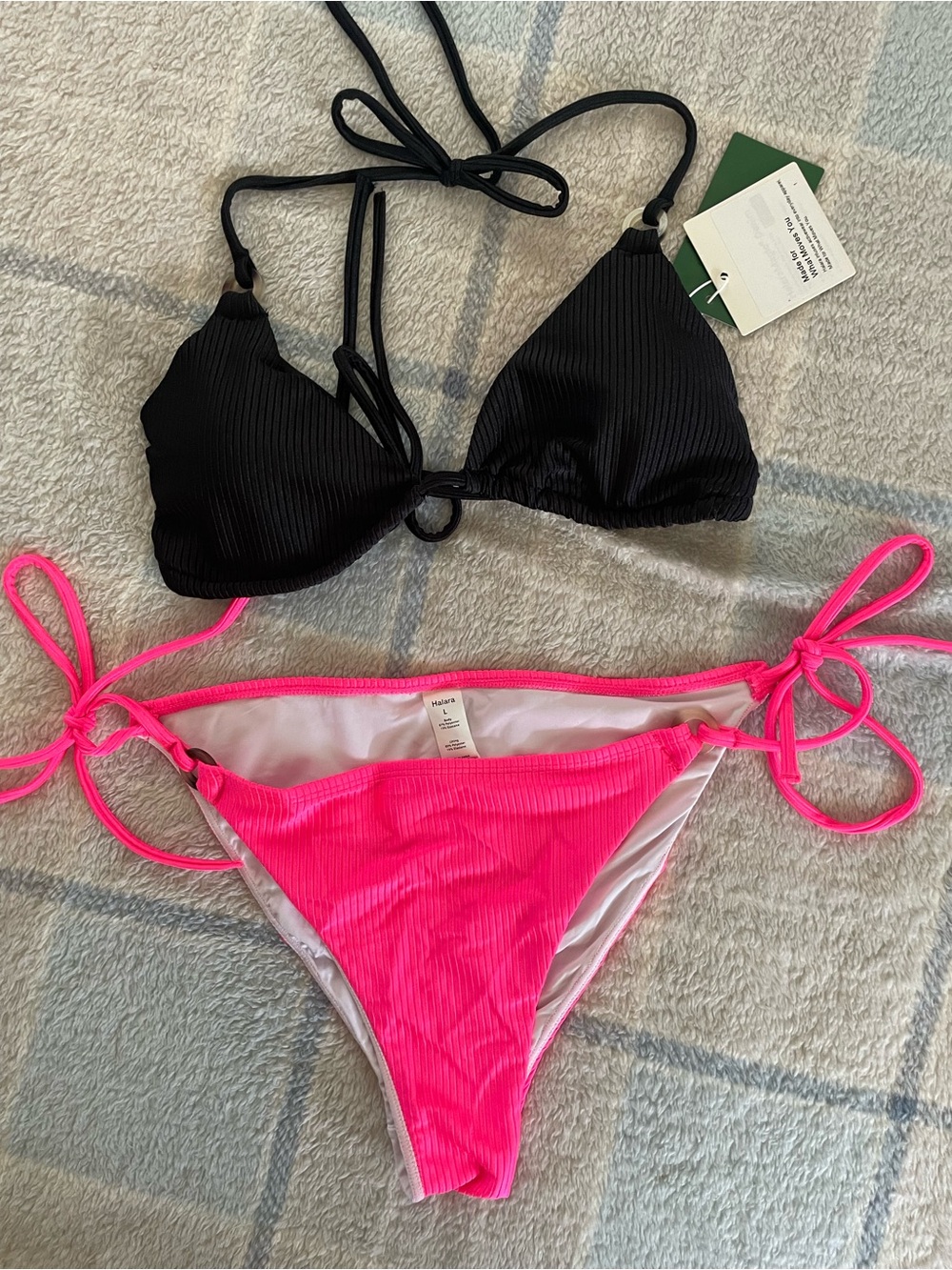 HALARA Black Ribbed Triangle Top & Neon Pink Tie-Side Bikini Bottoms